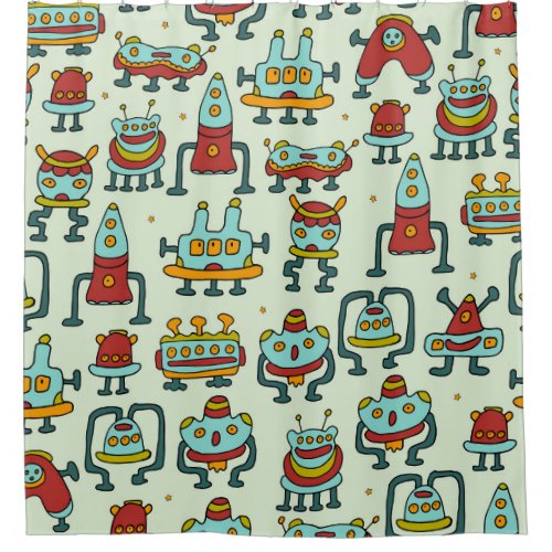 Robots Aliens Vintage Pattern Illustration Shower Curtain