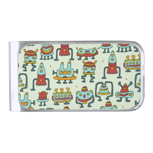 Robots Aliens Vintage Pattern Illustration Silver Finish Money Clip