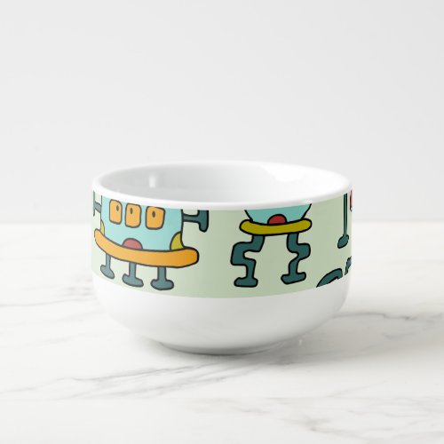 Robots Aliens Vintage Pattern Illustration Soup Mug