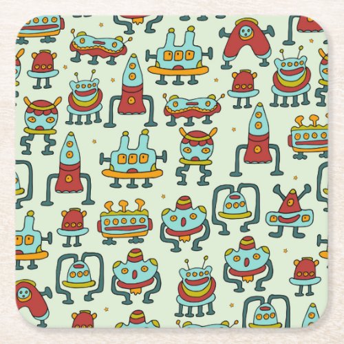 Robots Aliens Vintage Pattern Illustration Square Paper Coaster