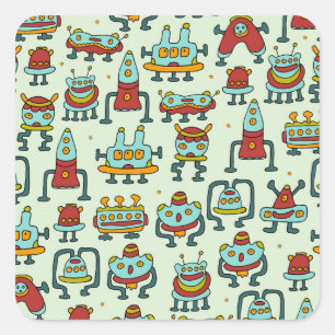 Robots Aliens Vintage Pattern Illustration Square Sticker