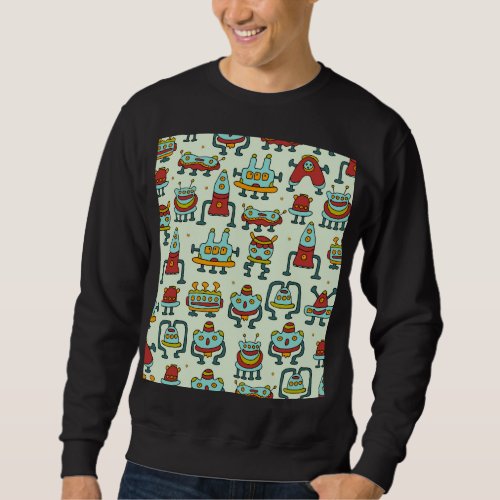 Robots Aliens Vintage Pattern Illustration Sweatshirt