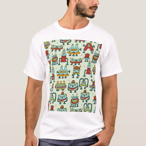 Robots Aliens Vintage Pattern Illustration T_Shirt
