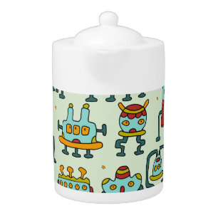 Robots Aliens Vintage Pattern Illustration Teapot