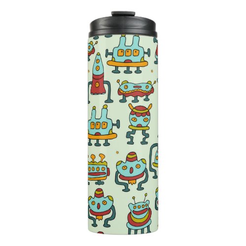 Robots Aliens Vintage Pattern Illustration Thermal Tumbler