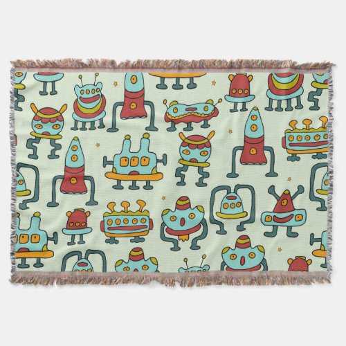 Robots Aliens Vintage Pattern Illustration Throw Blanket