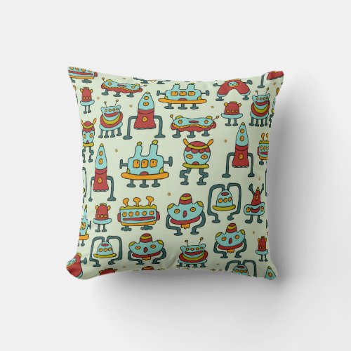 Robots Aliens Vintage Pattern Illustration Throw Pillow