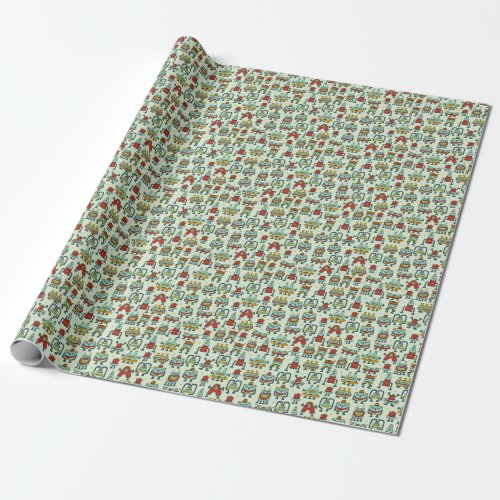 Robots Aliens Vintage Pattern Illustration Wrapping Paper