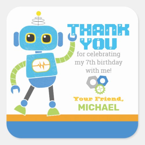 Robots and Bolts Blue and Green Birthday Favor Square Sticker