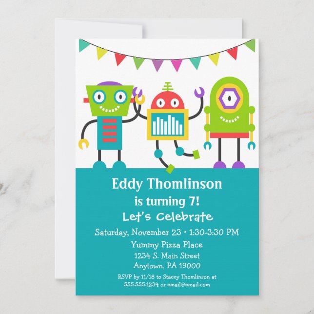 Robots Birthday Invitation Boys Colorful Robot (Front)