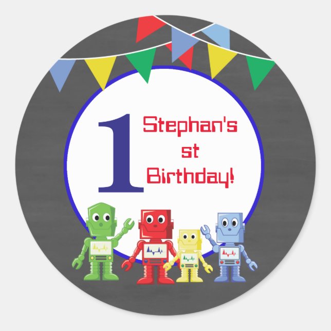 Robots Birthday party stickers (Front)