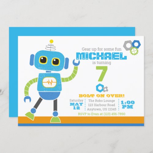 Robots  Bolts Blue and Green Birthday Invitation