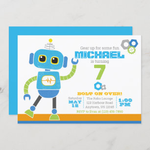 Robots & Bolts Blue and Green Birthday Invitation