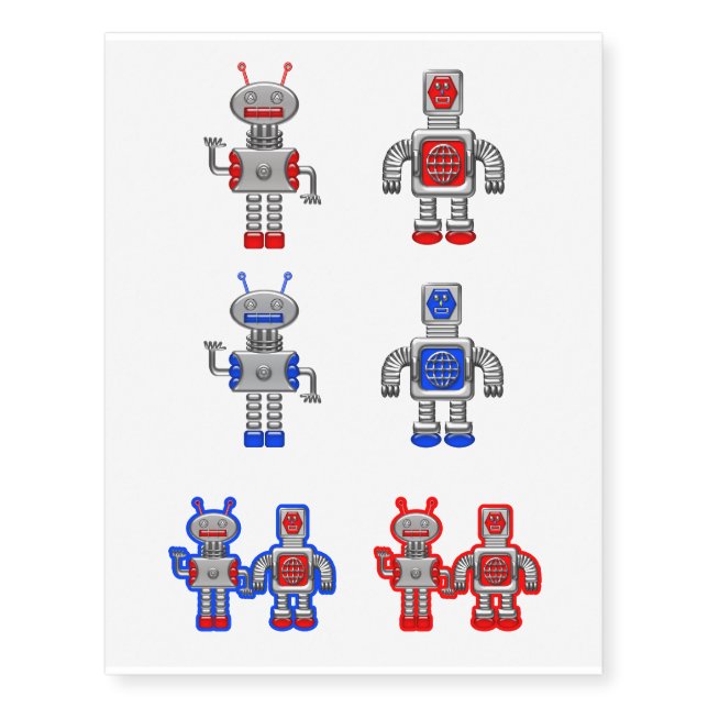 Robots Boy and Girl Silver Red and Blue Temporary Tattoos (Front)