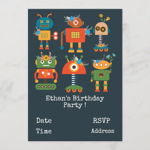 Robots boys cute birthday party invitation