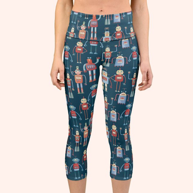 Robots Capri Leggings (Fun Retro Robots pattern teal green yoga pants capri leggings)