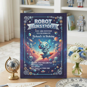 Robots in Space 1st Birthday Party Invitation