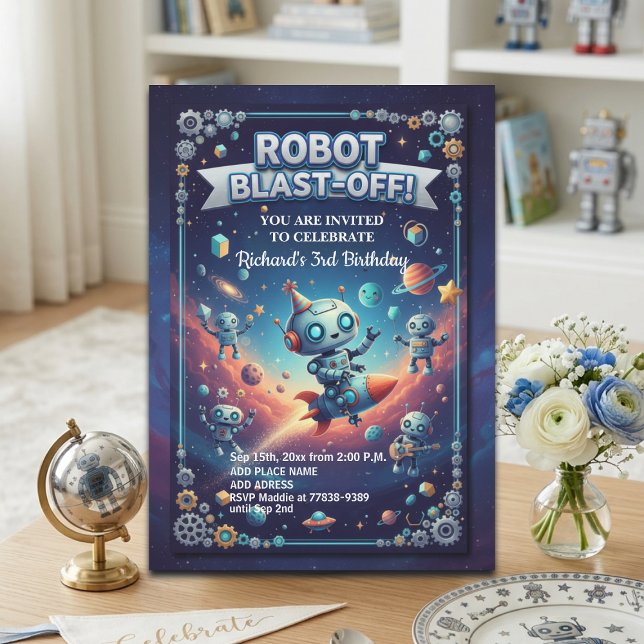 Robots in Space 3rd Birthday Party Invitation (Creator Uploaded)