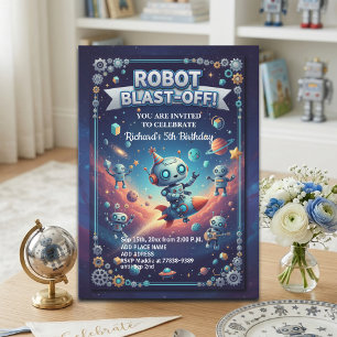 Robots in Space 5th Birthday Party Invitation