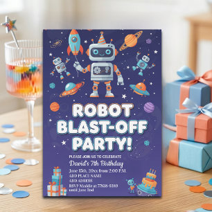 Robots in Space 7th Birthday Party Invitation