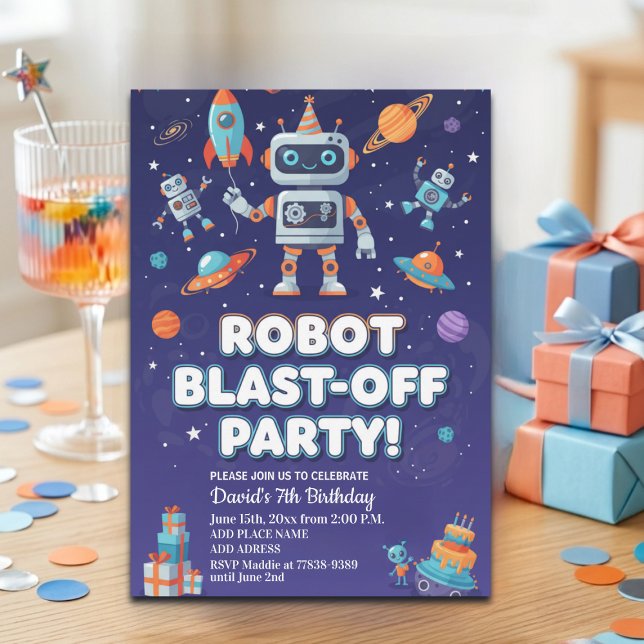 Robots in Space 7th Birthday Party Invitation (Creator Uploaded)