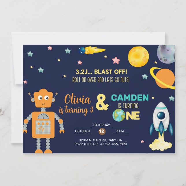 Robots & outer space rocket siblings invitation. invitation (Front)