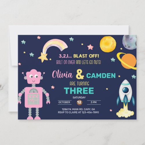 Robots  outer space rocket siblings invitation invitation