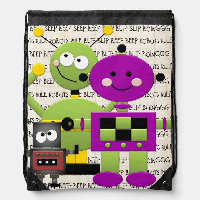 Robots Rule Drawstring Backpack Bag (Front)