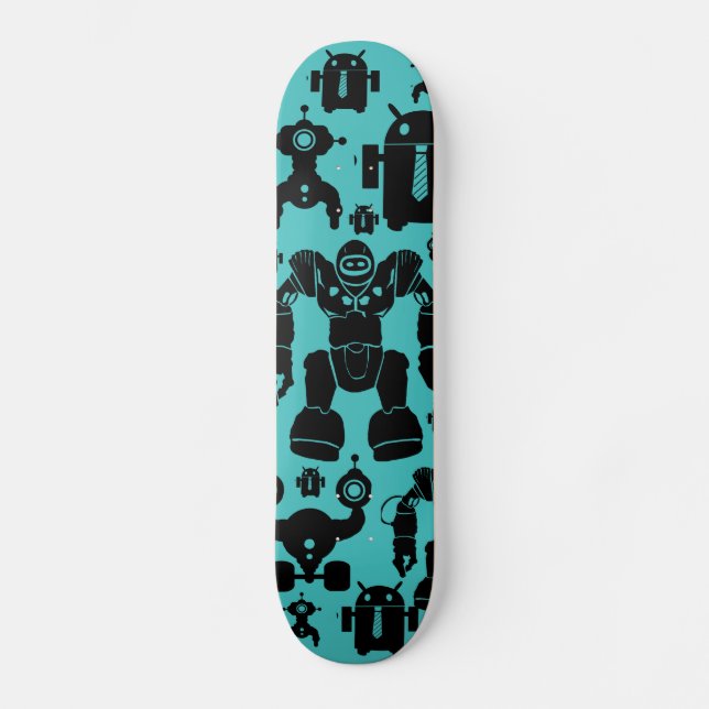 Robots Rule Fun Robot Silhouettes Pattern Blue Skateboard Deck (Front)