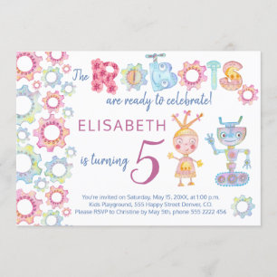 Robots themed birthday kids party cute invitation