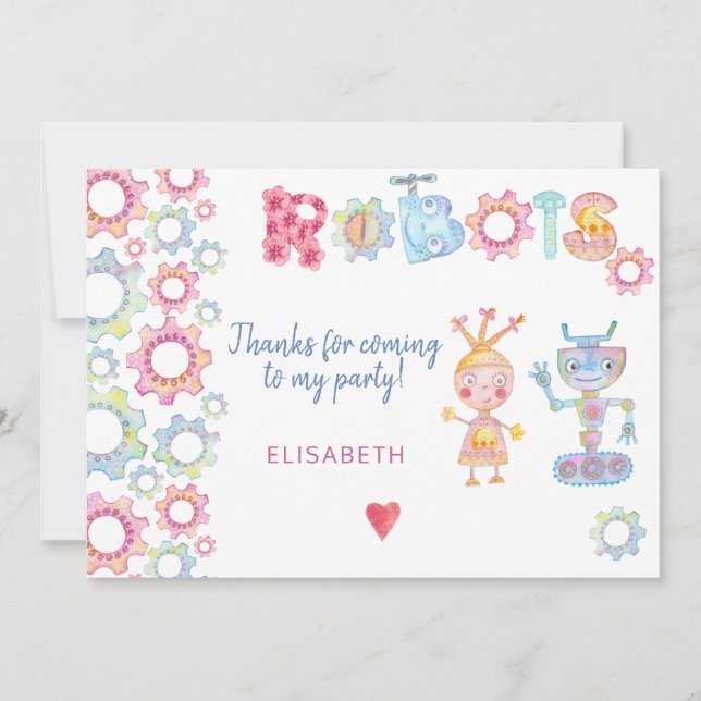 Robots themed birthday kids party cute thank you card (Front)