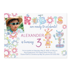 Robots themed birthday kids party photo invitation
