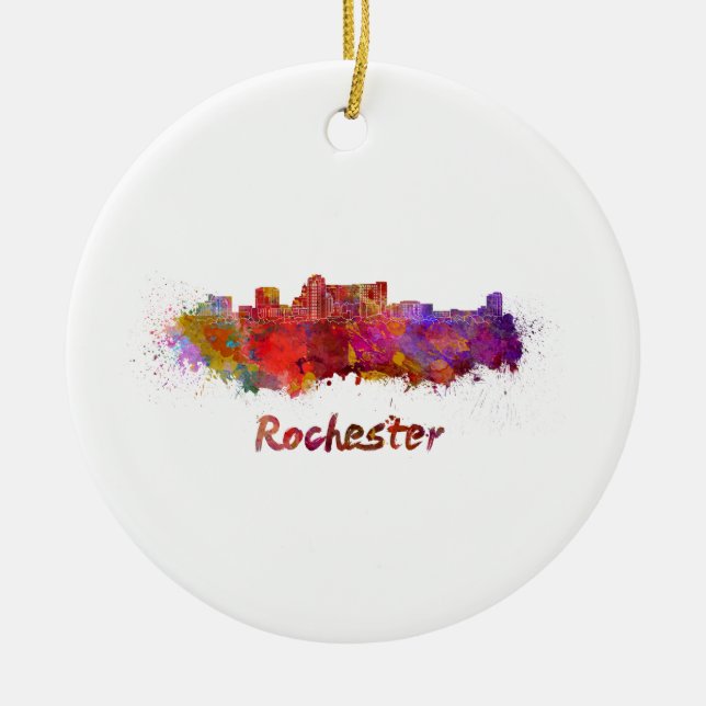Rochester MN skyline in watercolor Ceramic Ornament (Front)