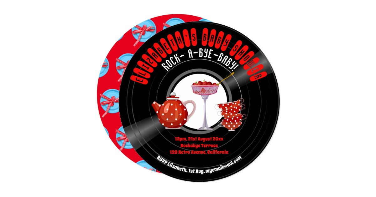 Rock A Bye Baby Shower Retro Record Tea Party Red Invitation Zazzle Com