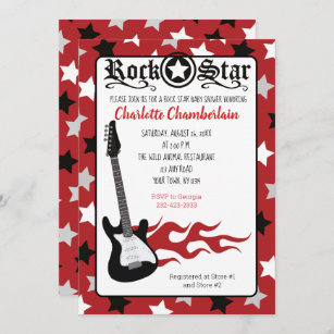 Rock a Bye Red Rock Star Guitar Baby Shower Invitation