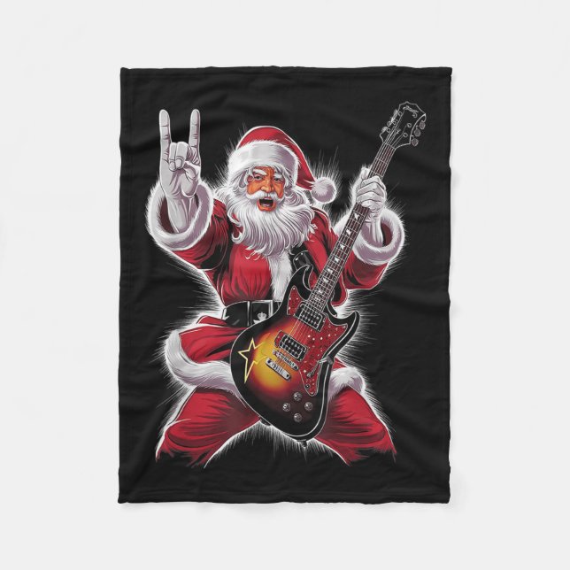 Rock &amp; Roll Christmas Santa Claus Guitar Playe Fleece Blanket (Front)