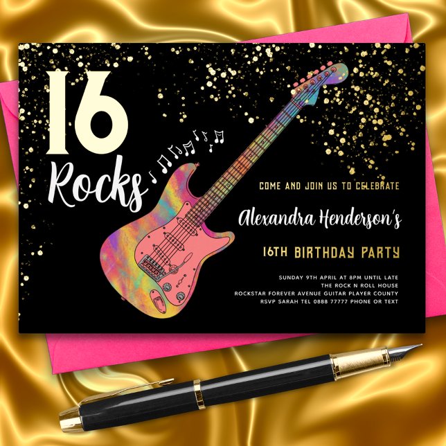 Rock and Roll 16th Birthday Party Foil Invitation (Rock and roll 16th birthday party black and gold invitation with cool pink electric guitar)