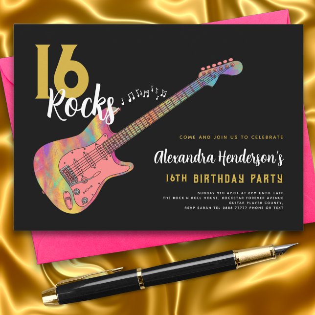 Rock and Roll 16th birthday party  Invitation (Rock and roll 16th birthday party black and gold invitation )