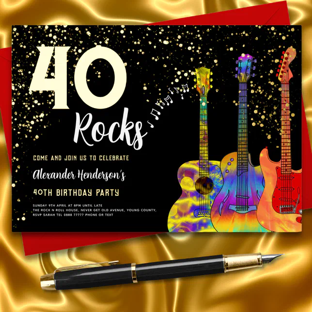Rock and Roll 40th Birthday Party Black and Gold Foil Invitation | Zazzle