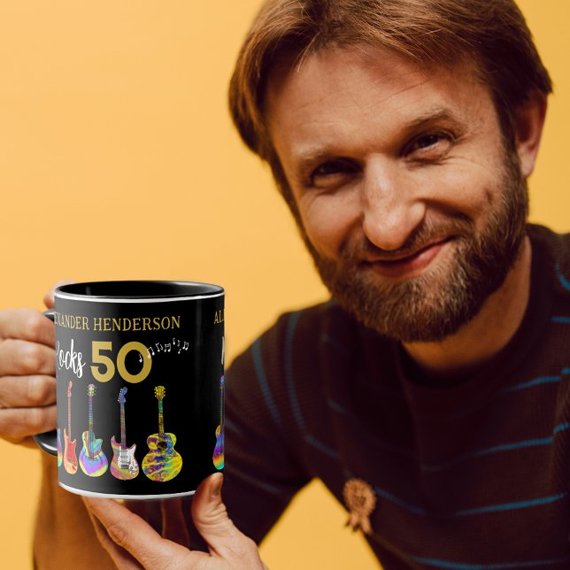 Rock and Roll 50th Birthday Funky Guitar Mug (Rock and roll personalized name 50th birthday mug black and gold typography cool funky guitars)
