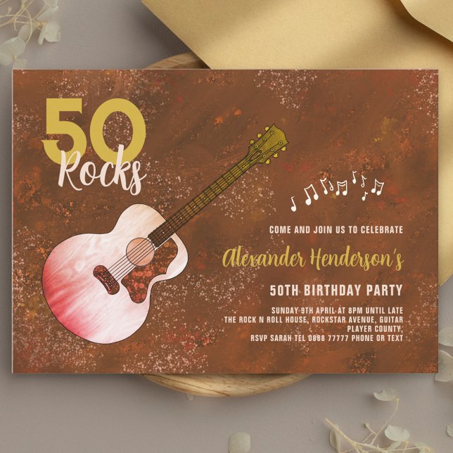 Rock and Roll 50th Birthday Guitar Rustic Brown Invitation (50 Rocks Country Guitar 50th birthday party invitation gold and brown for him)