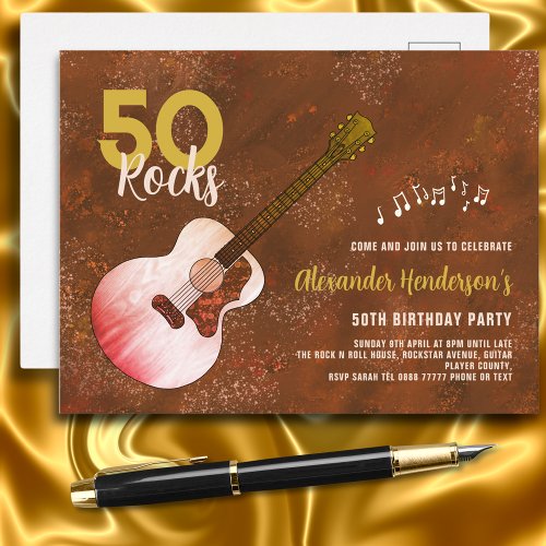 Rock and Roll 50th Birthday Guitar Rustic Invitation Postcard