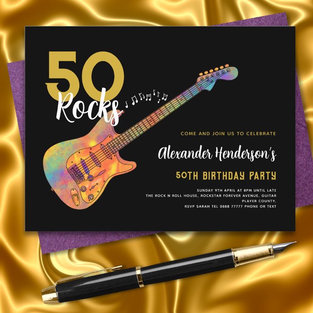 Rock and Roll 50th Birthday Party 50 Rocks Invitation (50 rocks black and gold funky guitar music 50th birthday party invitation )