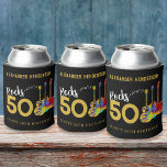 Rock and Roll 50th Birthday Party add Name Can Cooler<br><div class="desc">50 Rocks 50th birthday party guitar music personalized gold modern typography can cooler with three cool watercolor guitar designs on black background. An electric guitar with colorful pattern and white pick guard, a multicolored semi acoustic guitar and a psychedelic classic acoustic guitar art illustration with personalized black and gold modern...</div>