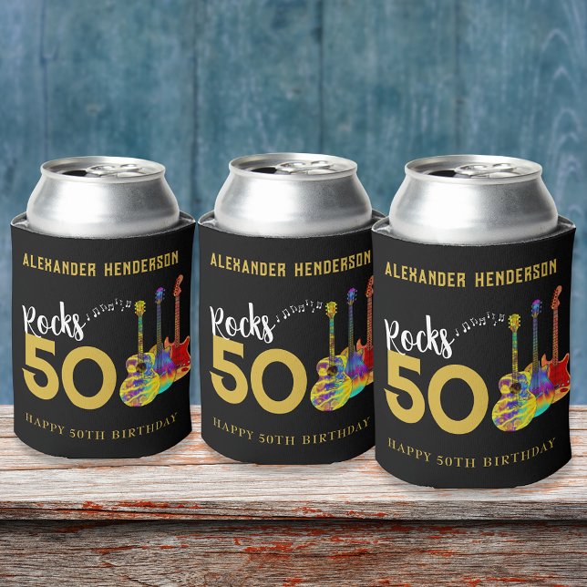 Rock and Roll 50th Birthday Party add Name Can Cooler (Personalized for him rock and roll 50th birthday party can coolers cool funky guitars gold and black)