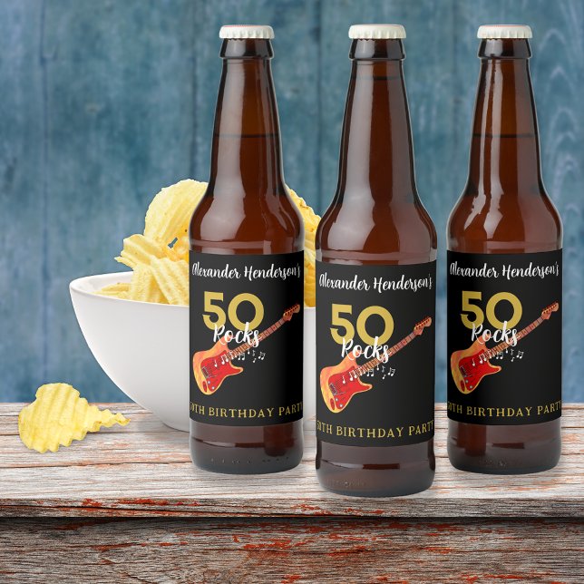 Rock and Roll 50th Birthday Party Beer Bottle Label (50 Rocks 50th birthday party personalized beer labels guitar cool gold and black theme for him)