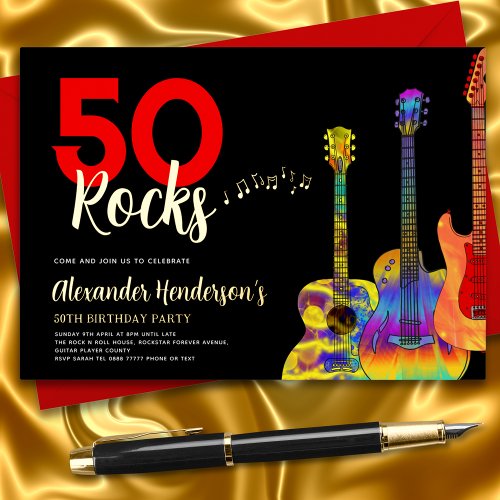 Rock and Roll 50th Birthday Party Black Gold  Foil Invitation