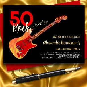 Rock and Roll 50th Birthday Party Black Gold Foil Invitation