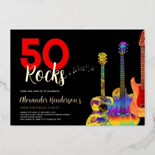 Rock and Roll 50th Birthday Party Black Gold  Foil Invitation