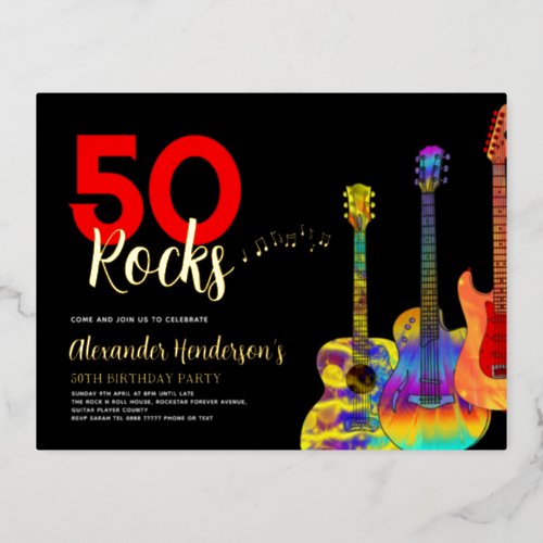Rock and Roll 50th Birthday Party Black Gold Foil Invitation Postcard